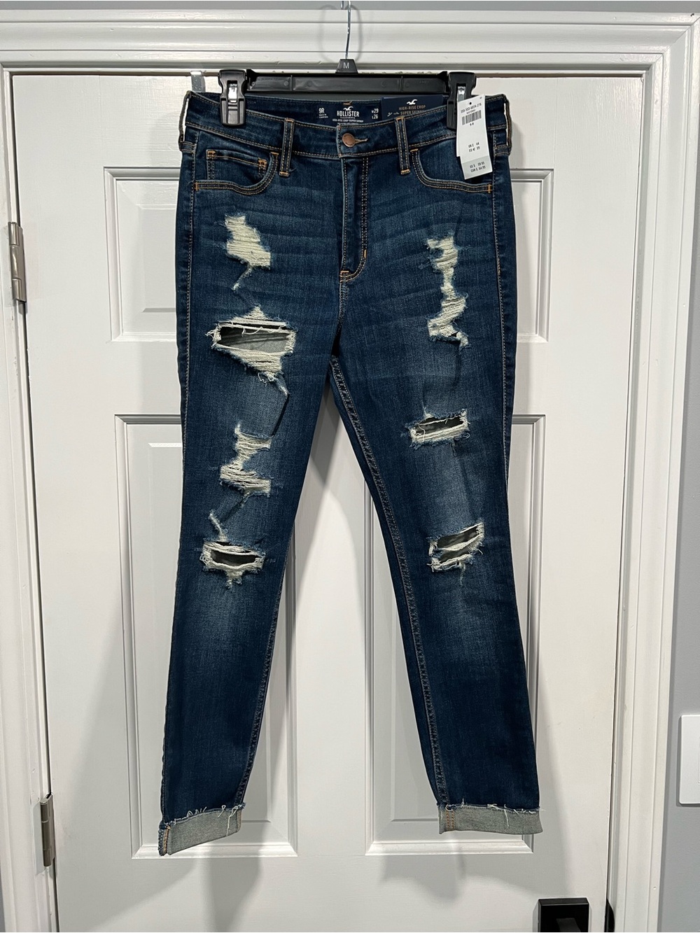 NWT Hollister High-Rise Crop Super Skinny Jeans – Size 9R Distressed Dark Wash